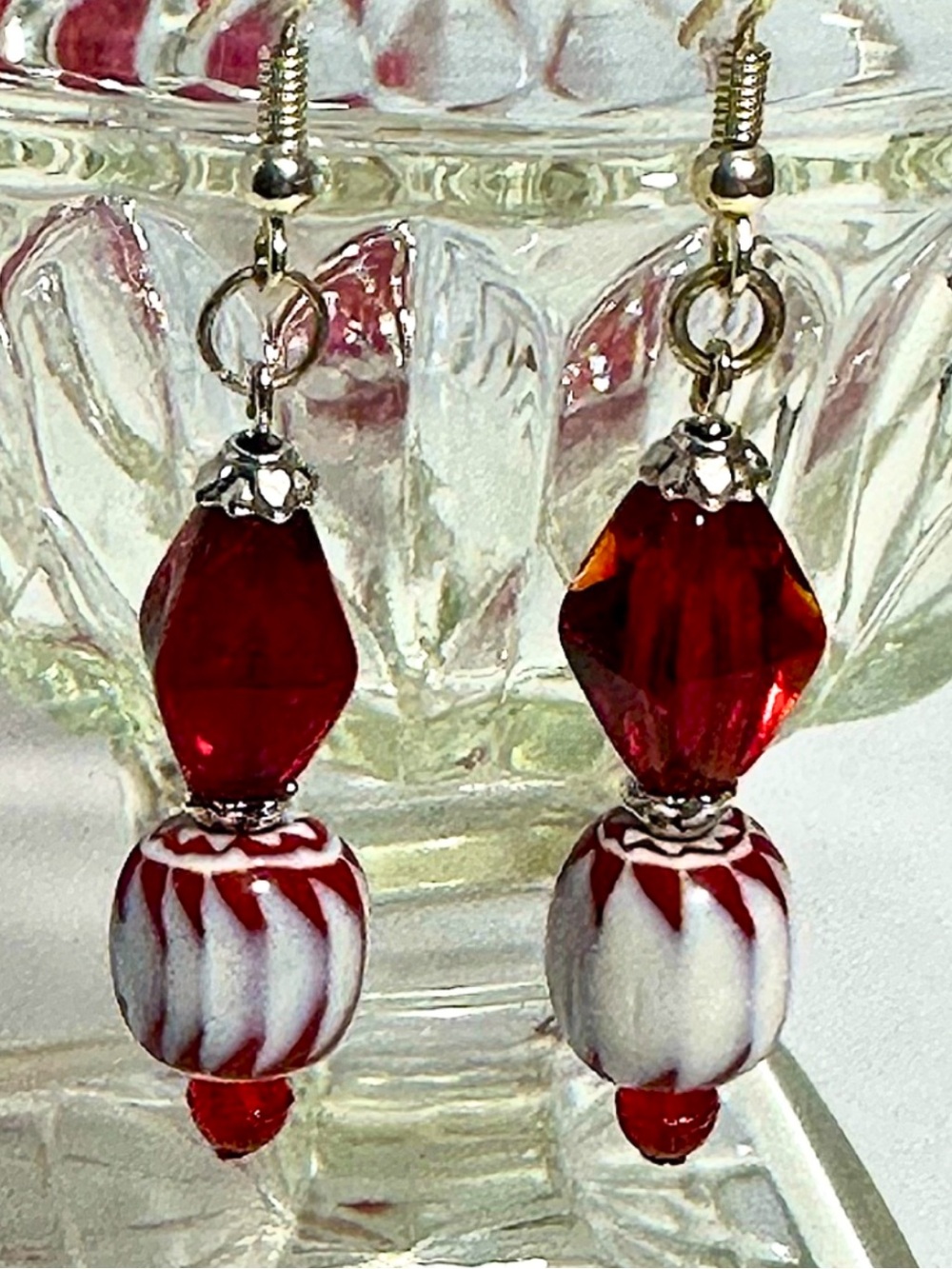 HANDCRAFTED EARRINGS Pierced Dangle Artisan Red & White African Trade Bead OOAK